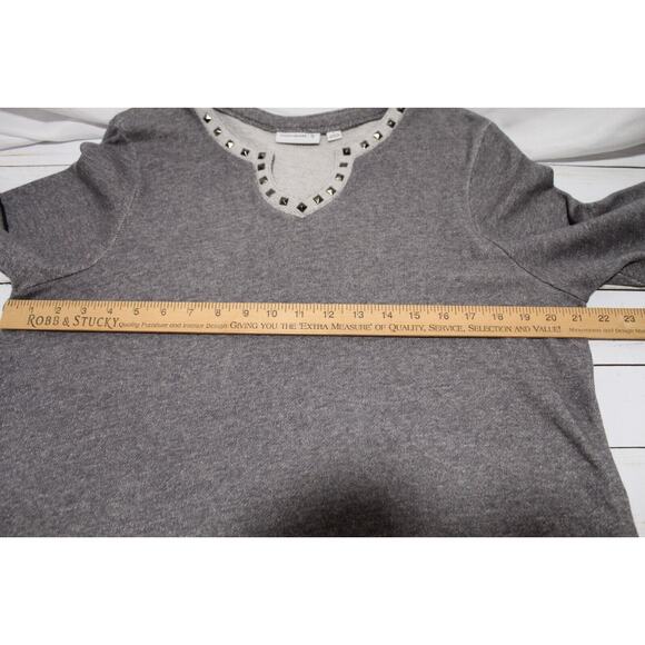 Susan Graver Women's L Gray Knit Top Sweetheart Studded Neck Rolled 3/4 Sleeve - Picture 9 of 12